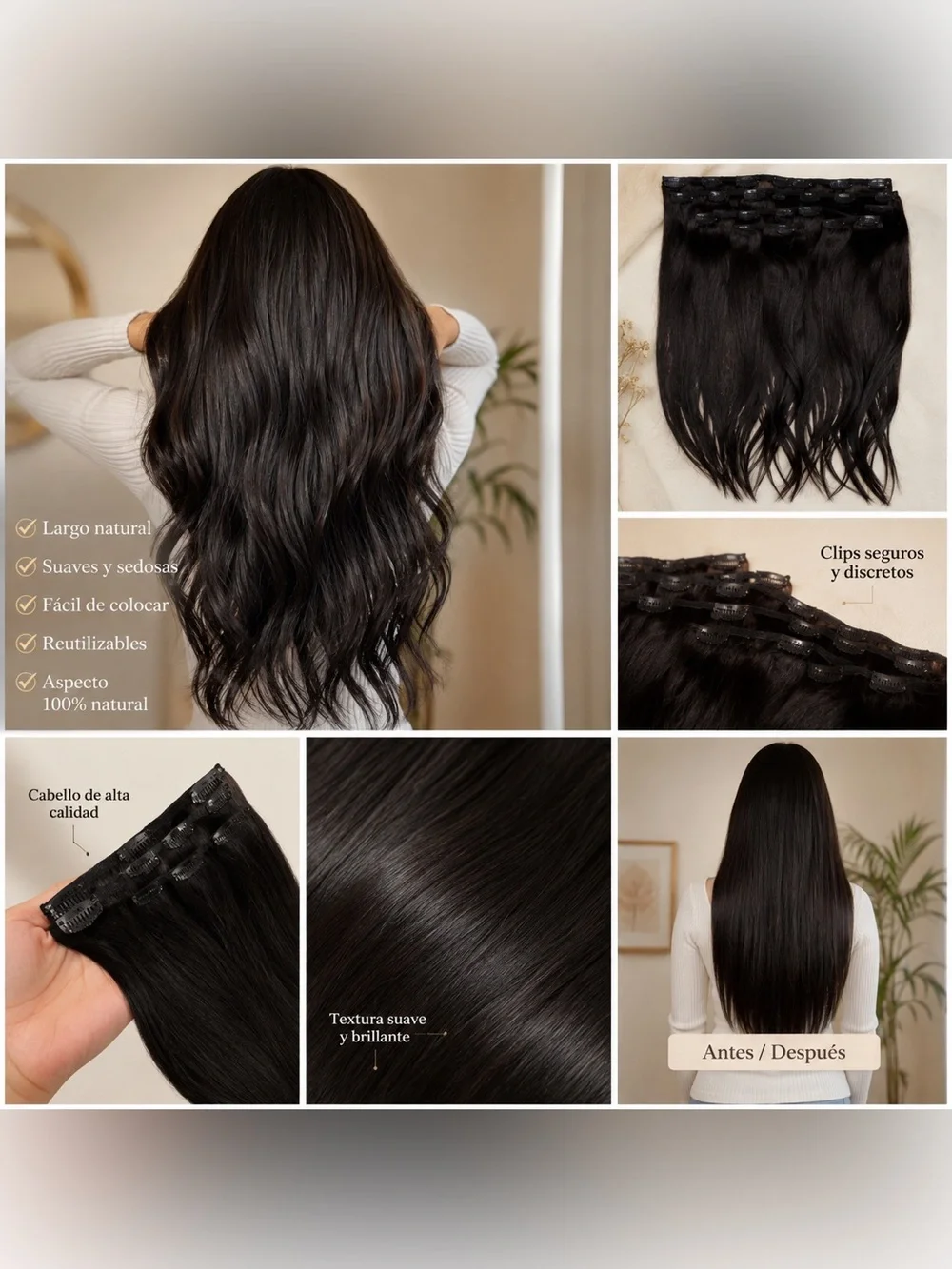 Premium Black Clip-In Human Hair Extensions - Sleek Natural Black
